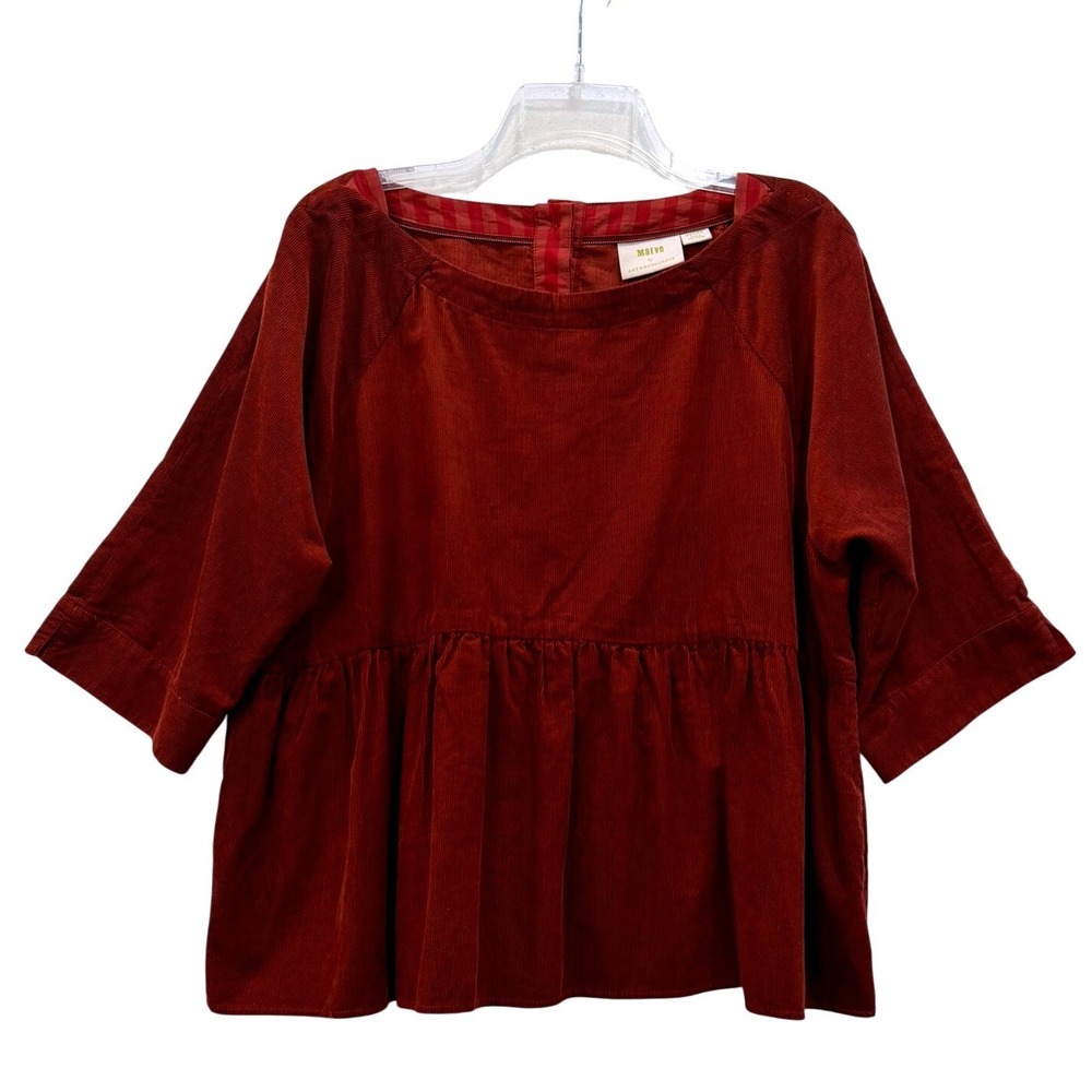 Maeve Anthropologie Rust Red Corduroy Peplum Button Back Top Raglan Sleeve Sz M